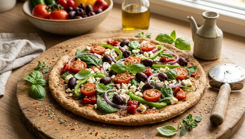 Ahşap tahta üzerinde taze sebzeler, beyaz peynir ve zeytinle hazırlanmış ince hamurlu diyet dostu Akdeniz pizzası.