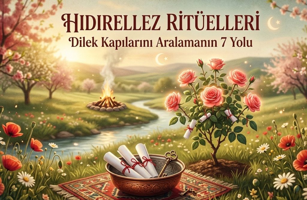 Baharın gelişiyle çiçek açmış bir doğada, gül ağacı altına bırakılmış dilek kağıtları, antik bir anahtar ve arka planda yanan Hıdırellez ateşi görseli.